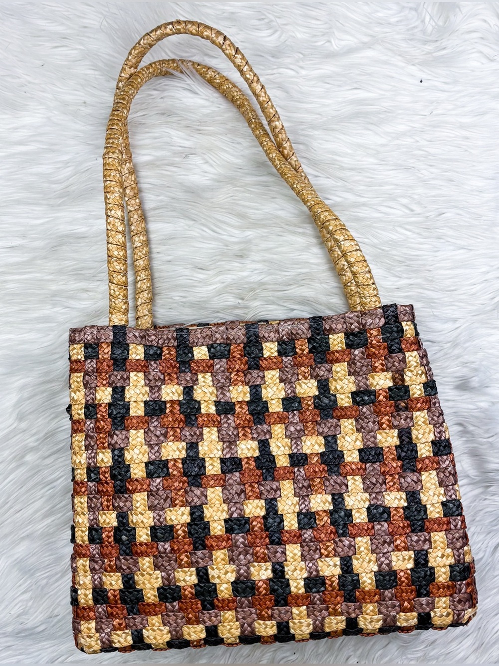 Vintage Woven Raffia Checkered Tote Bag Purse Brown Tan Black Resort Tropical